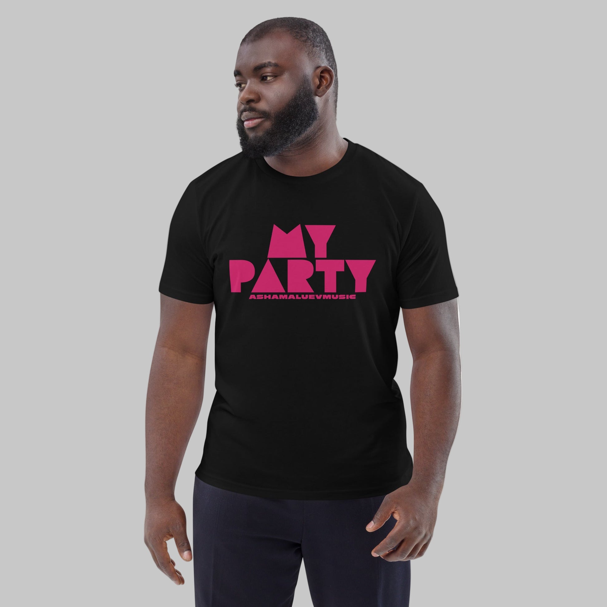 Man wearing a black organic cotton t-shirt with 'My Party' print and AShamaluevMusic logo on a grey background