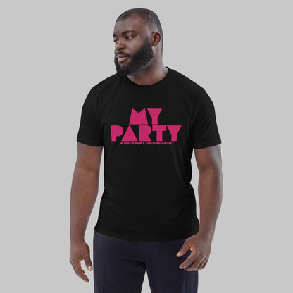 Man wearing a black organic cotton t-shirt with 'My Party' print and AShamaluevMusic logo on a grey background