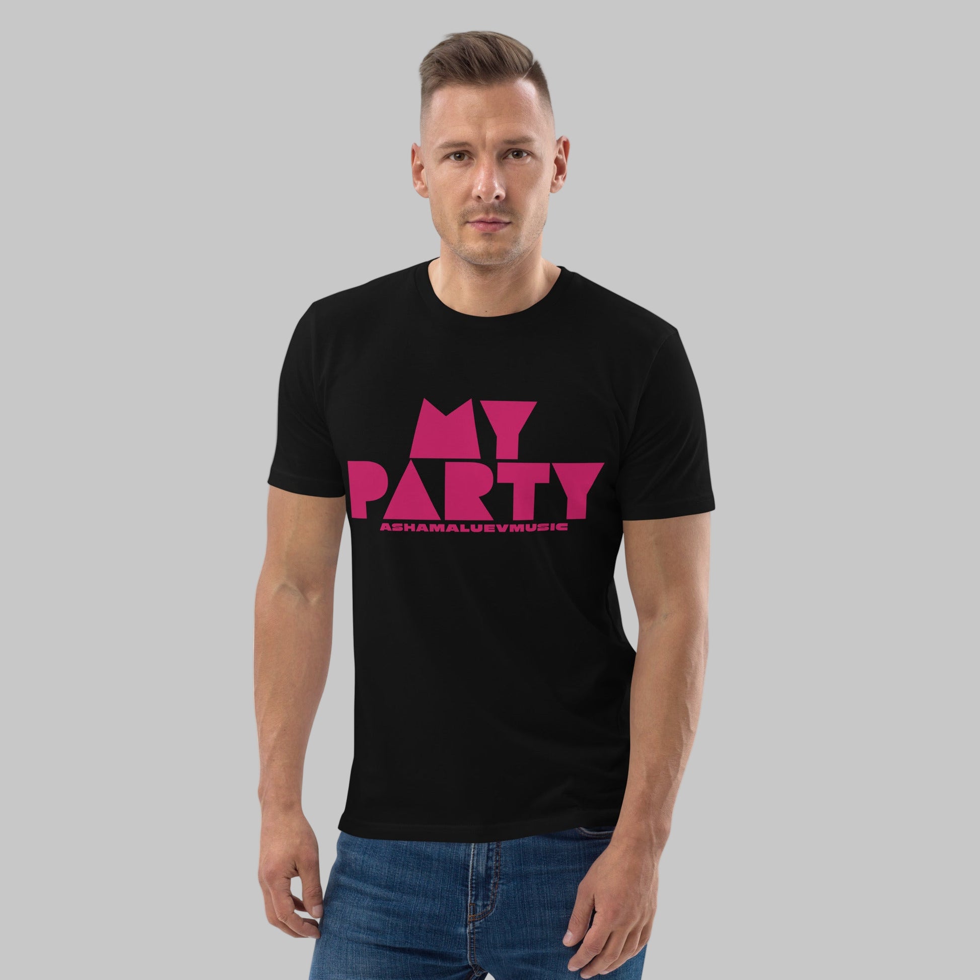 Man wearing a black organic cotton t-shirt with 'My Party' print and AShamaluevMusic logo on a grey background