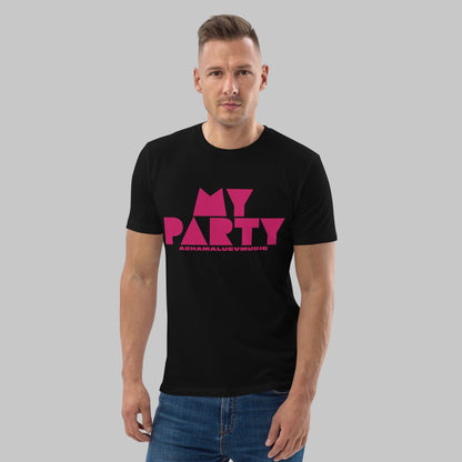 Man wearing a black organic cotton t-shirt with 'My Party' print and AShamaluevMusic logo on a grey background
