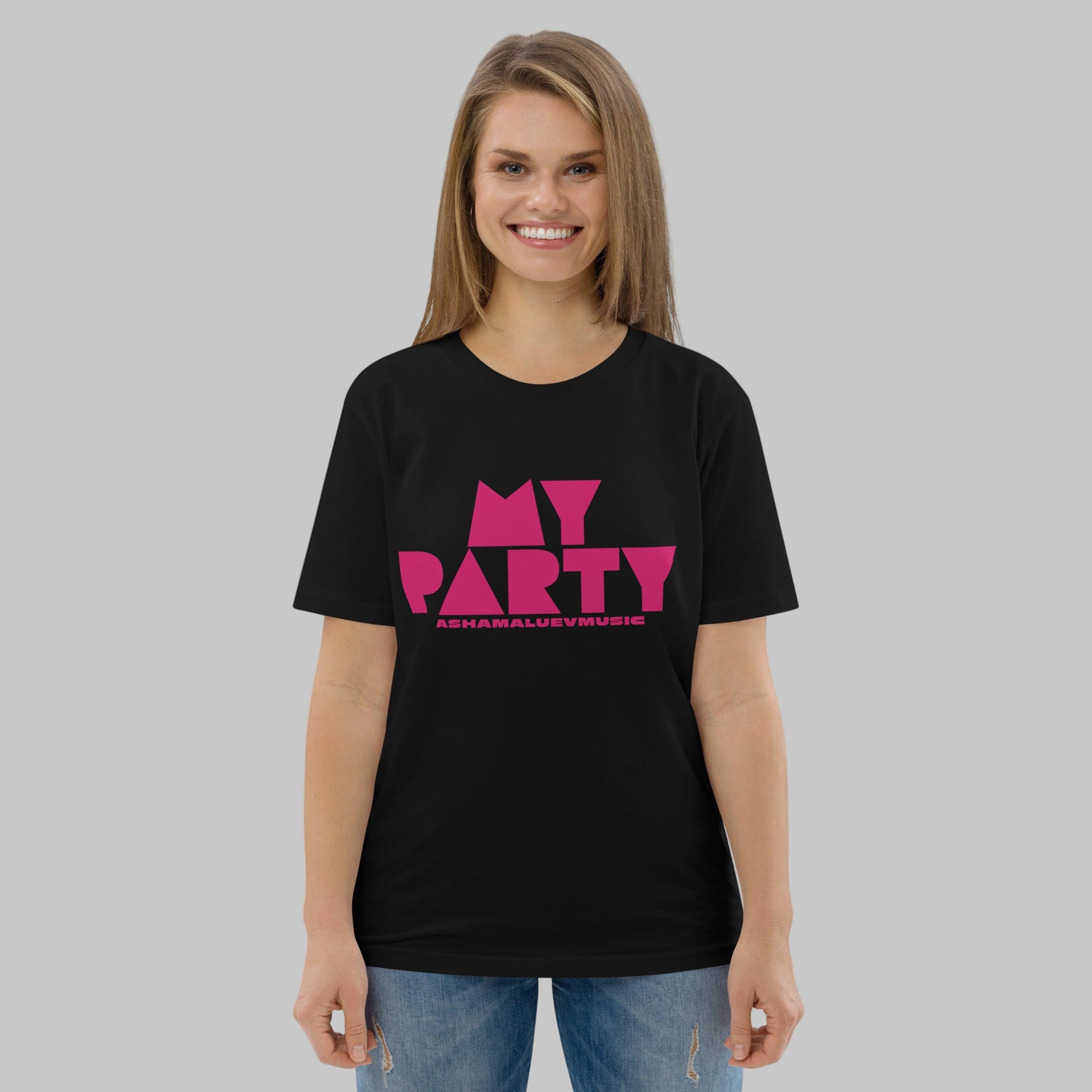 Woman wearing a black organic cotton t-shirt with 'My Party' print and AShamaluevMusic logo on a grey background