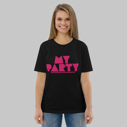 Woman wearing a black organic cotton t-shirt with 'My Party' print and AShamaluevMusic logo on a grey background