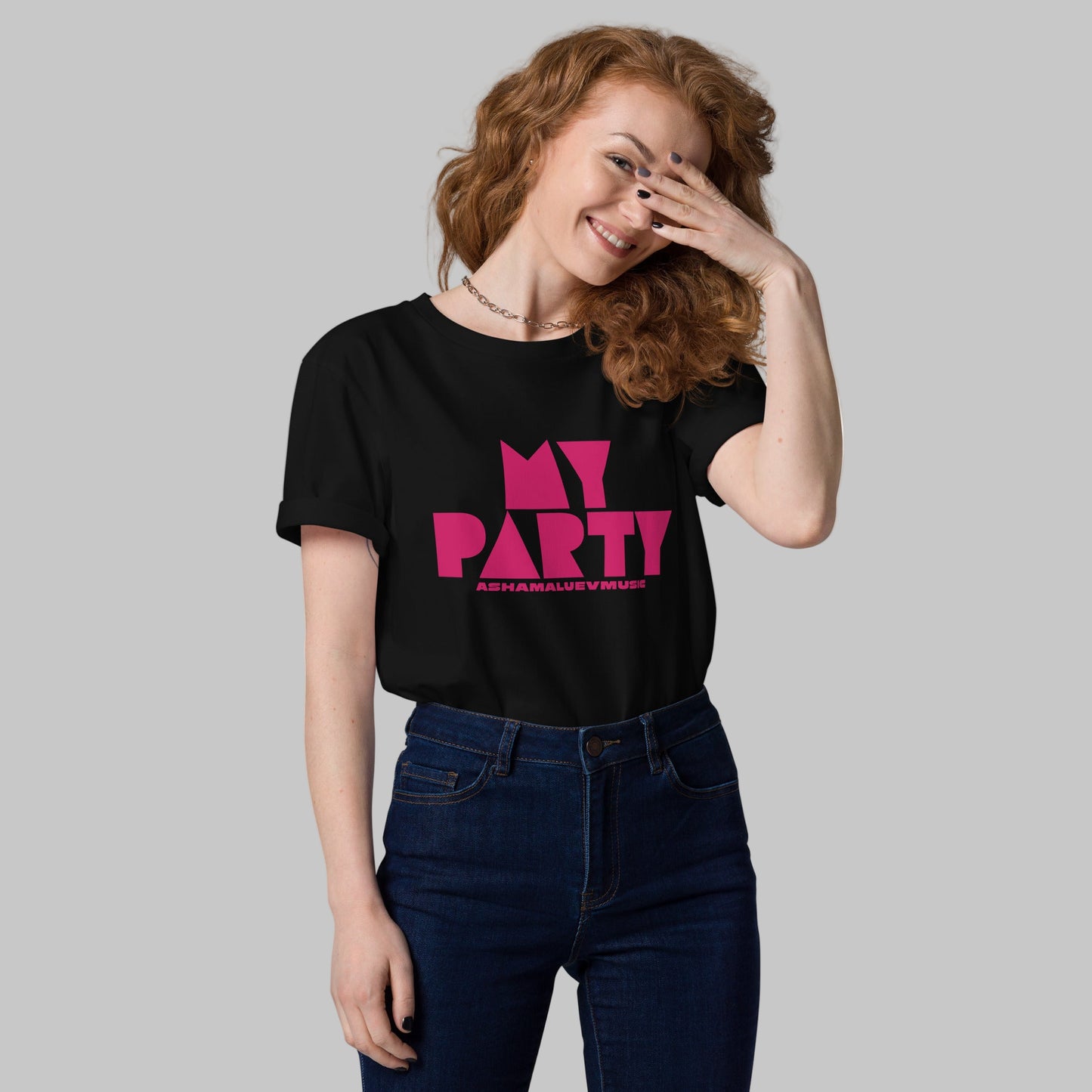 Woman wearing a black organic cotton t-shirt with 'My Party' print and AShamaluevMusic logo on a grey background