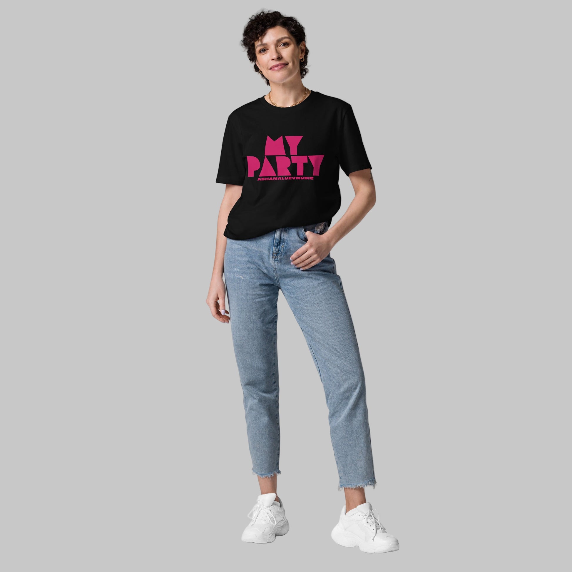 Woman wearing a black organic cotton t-shirt with 'My Party' print and AShamaluevMusic logo on a grey background