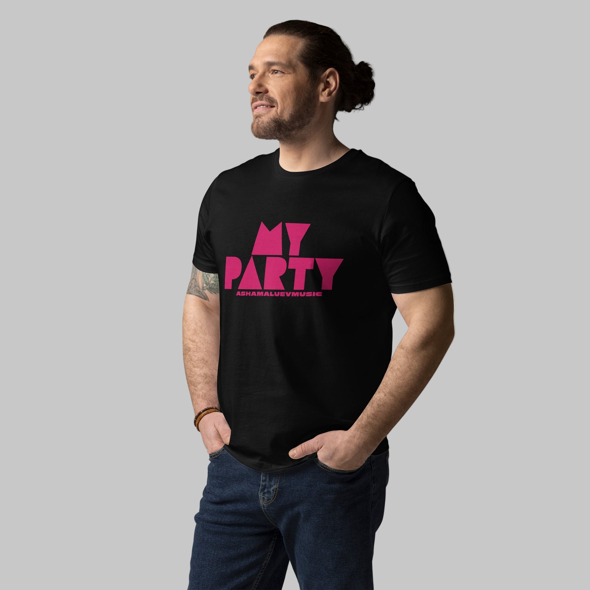 Man wearing a black organic cotton t-shirt with 'My Party' print and AShamaluevMusic logo on a grey background