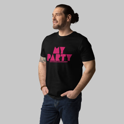 Man wearing a black organic cotton t-shirt with 'My Party' print and AShamaluevMusic logo on a grey background