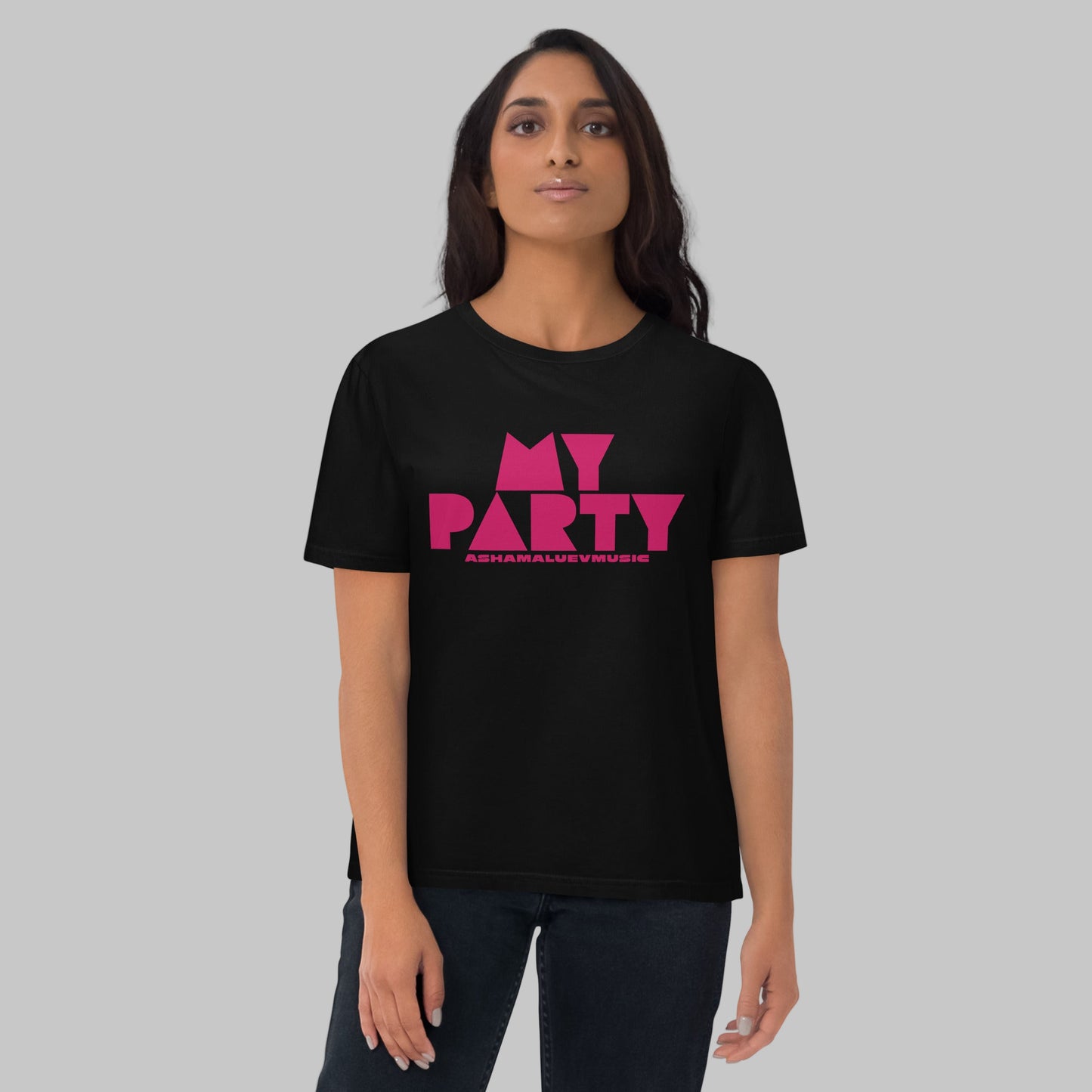 Woman wearing a black organic cotton t-shirt with 'My Party' print and AShamaluevMusic logo on a grey background