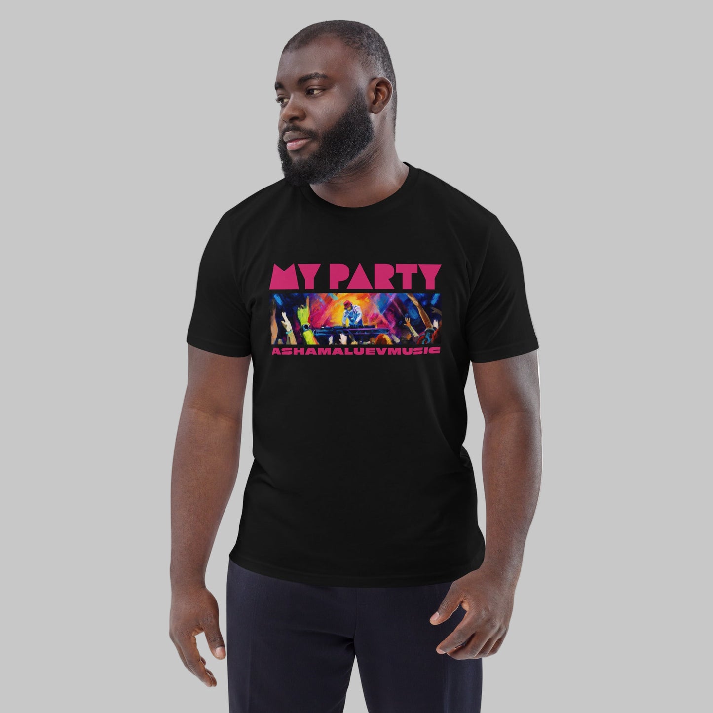 Man wearing a black organic cotton t-shirt with 'My Party' print and AShamaluevMusic logo on a light grey background