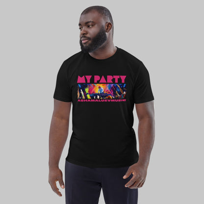 Man wearing a black organic cotton t-shirt with 'My Party' print and AShamaluevMusic logo on a light grey background