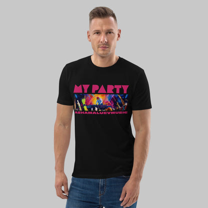 Man wearing a black organic cotton t-shirt with 'My Party' print and AShamaluevMusic logo on a light grey background