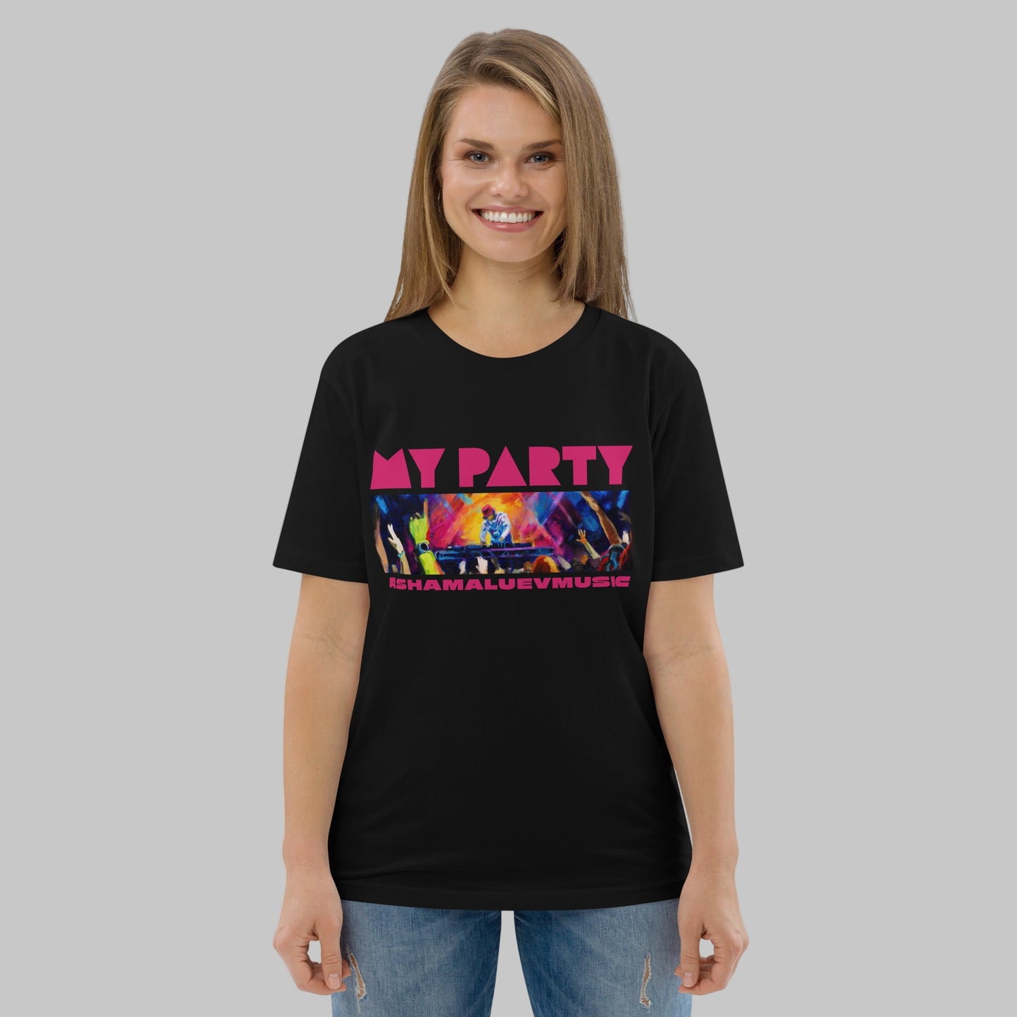 Woman wearing a black organic cotton t-shirt with 'My Party' print and AShamaluevMusic logo on a grey background
