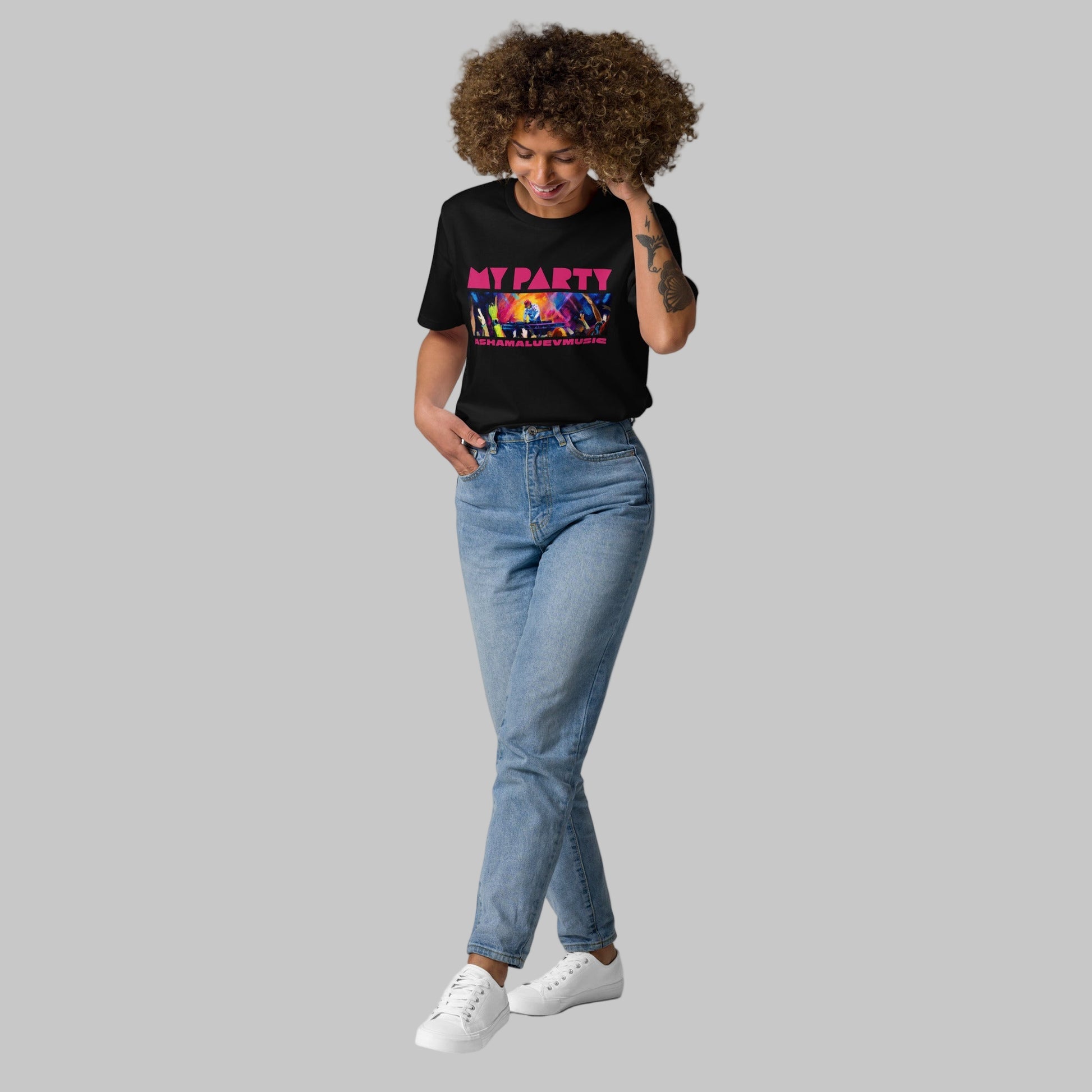 Woman wearing a black organic cotton t-shirt with 'My Party' print and AShamaluevMusic logo on a grey background