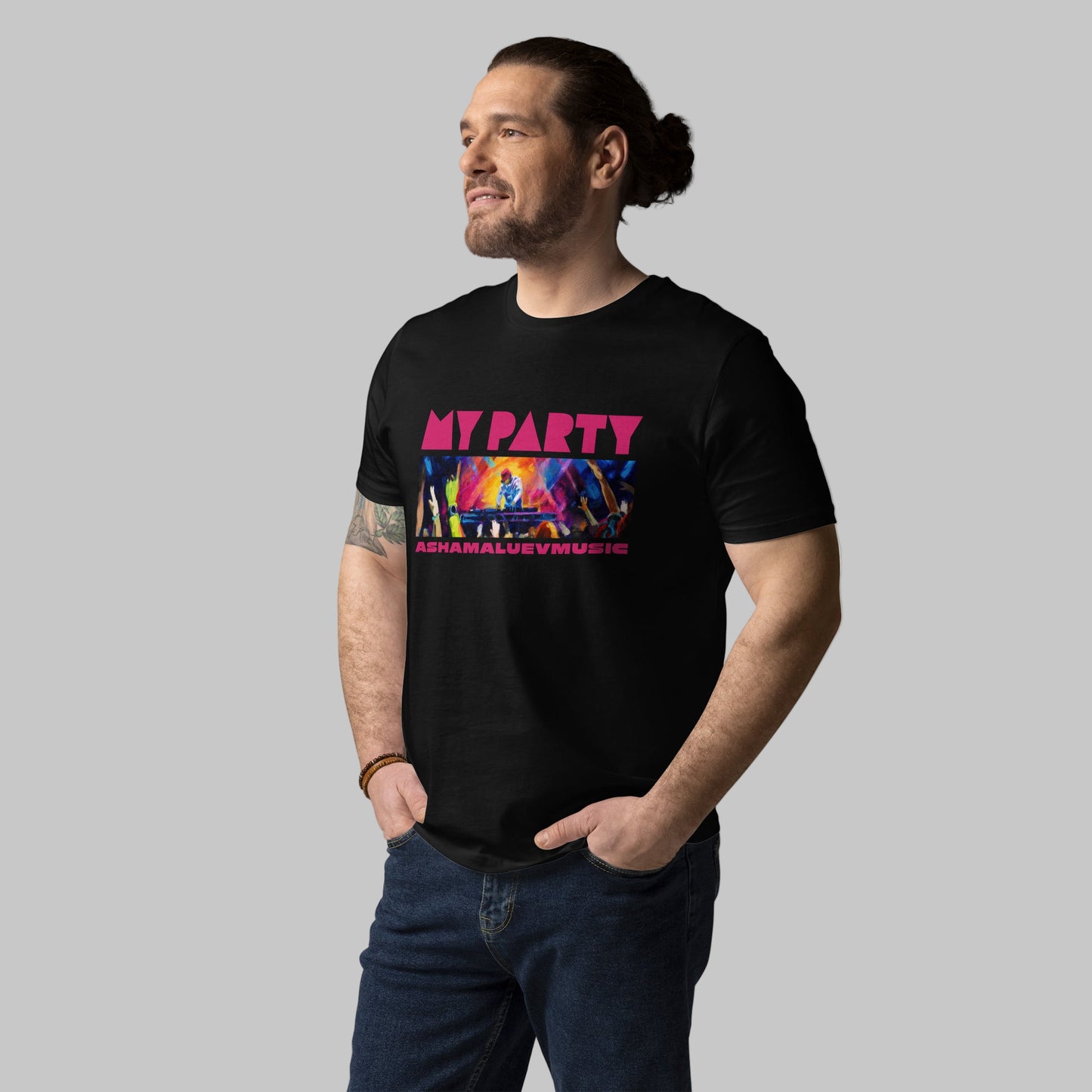 Man wearing a black organic cotton t-shirt with 'My Party' print and AShamaluevMusic logo on a light grey background