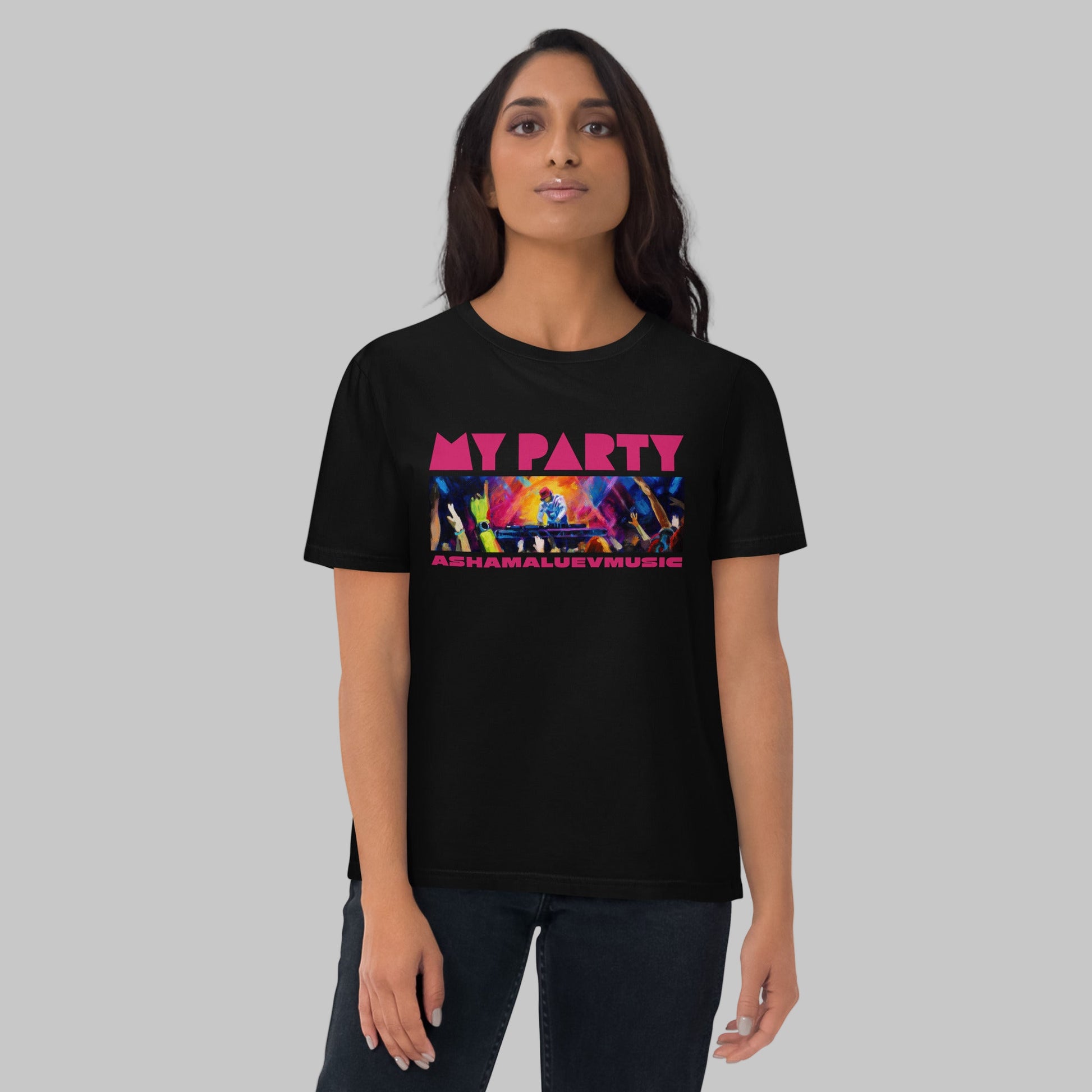 Woman wearing a black organic cotton t-shirt with 'My Party' print and AShamaluevMusic logo on a grey background