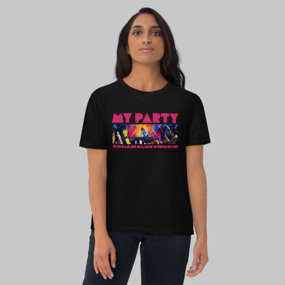Woman wearing a black organic cotton t-shirt with 'My Party' print and AShamaluevMusic logo on a grey background