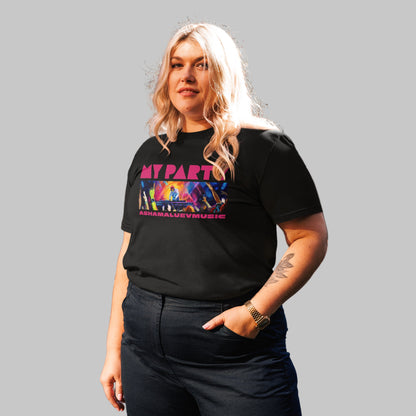 Woman wearing a black organic cotton t-shirt with 'My Party' print and AShamaluevMusic logo on a grey background