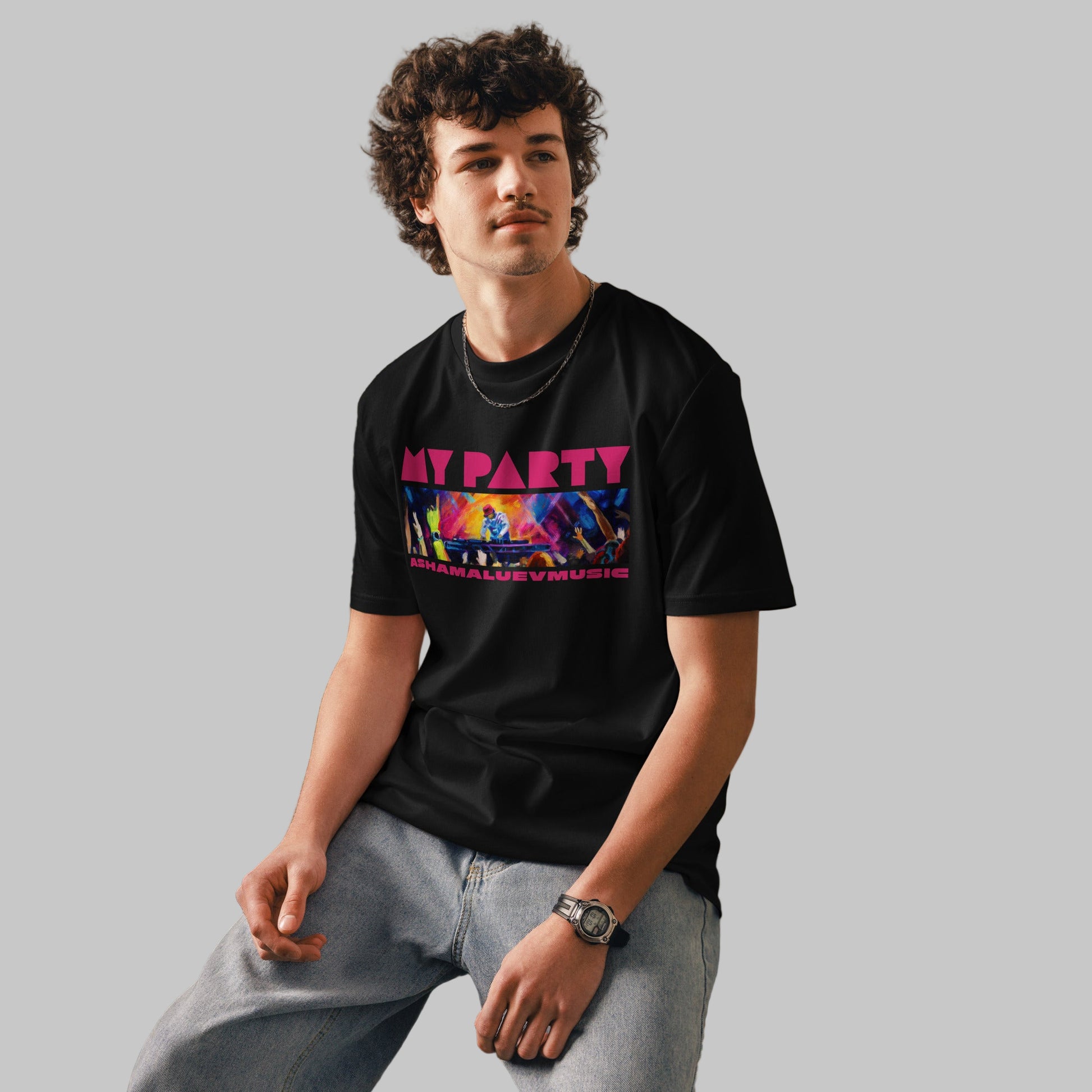 Man wearing a black organic cotton t-shirt with 'My Party' print and AShamaluevMusic logo on a light grey background