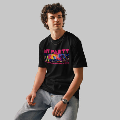 Man wearing a black organic cotton t-shirt with 'My Party' print and AShamaluevMusic logo on a light grey background
