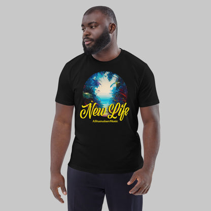 Man wearing a black organic cotton t-shirt with 'New Life' print and AShamaluevMusic logo on a light grey background