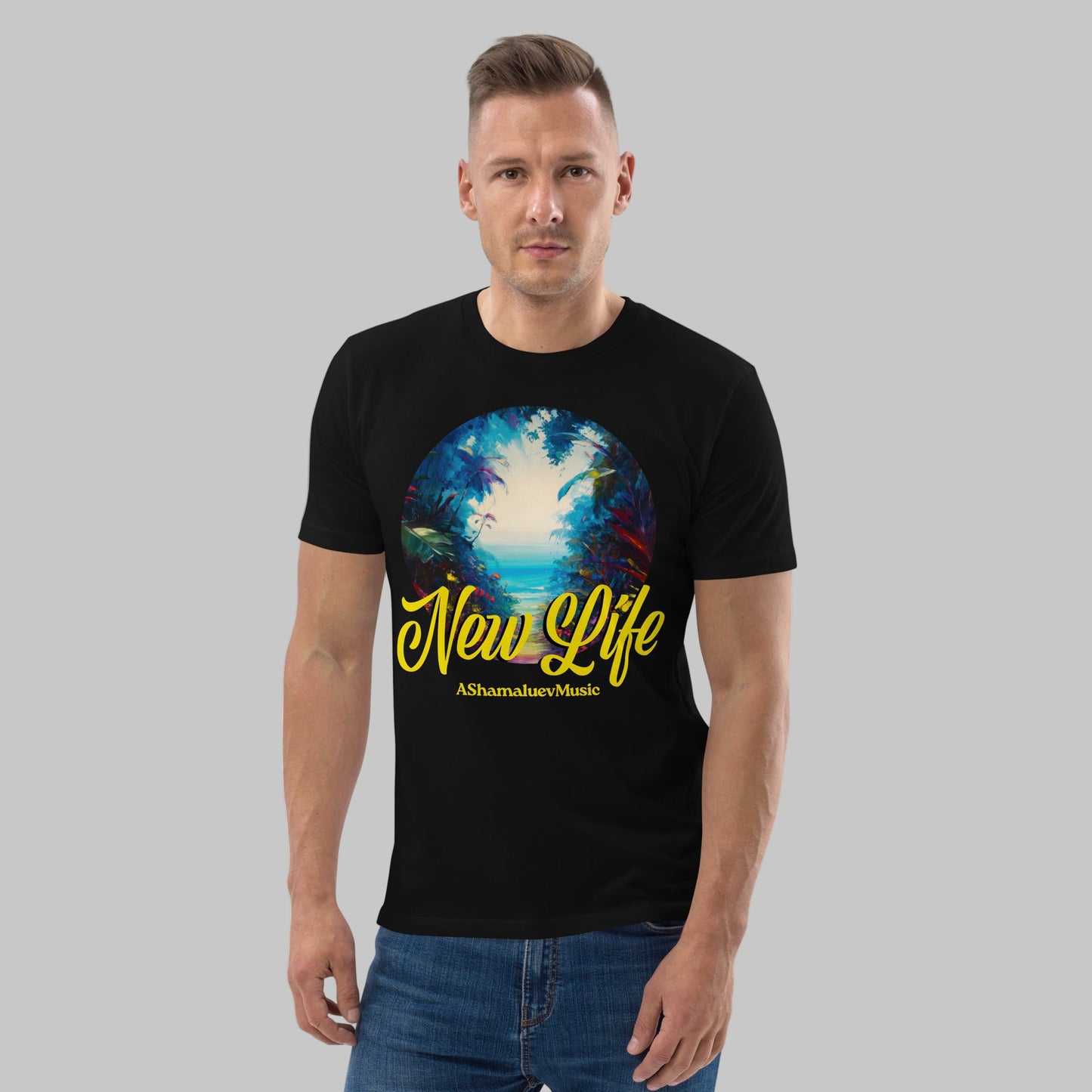 Man wearing a black organic cotton t-shirt with 'New Life' print and AShamaluevMusic logo on a light grey background