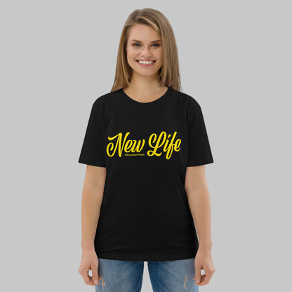 Woman wearing a black organic cotton t-shirt with 'New Life' print and AShamaluevMusic logo in yellow text on a grey background