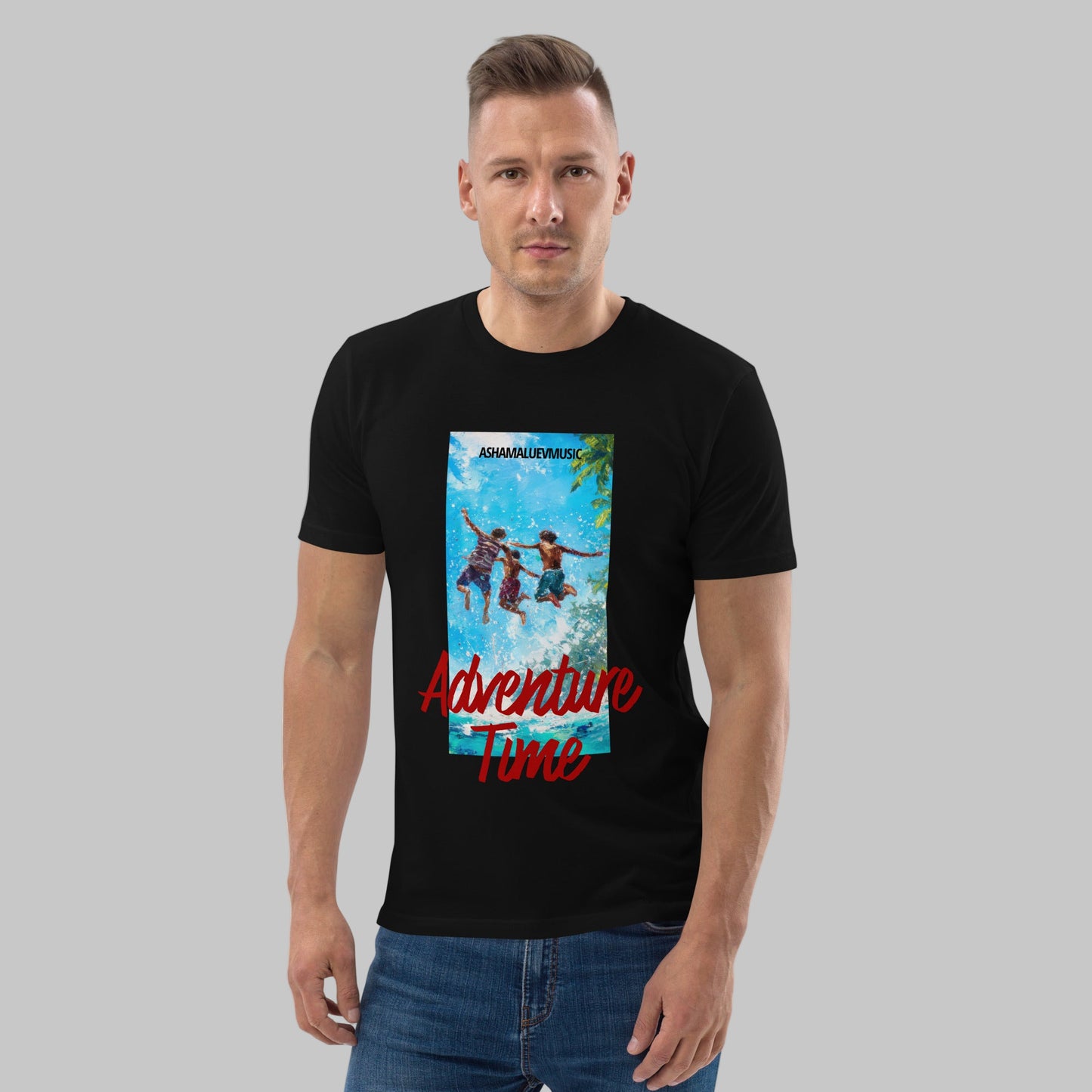 Man wearing a black t-shirt with 'Adventure Time' graphic design and AShamaluevMusic logo on a grey background.