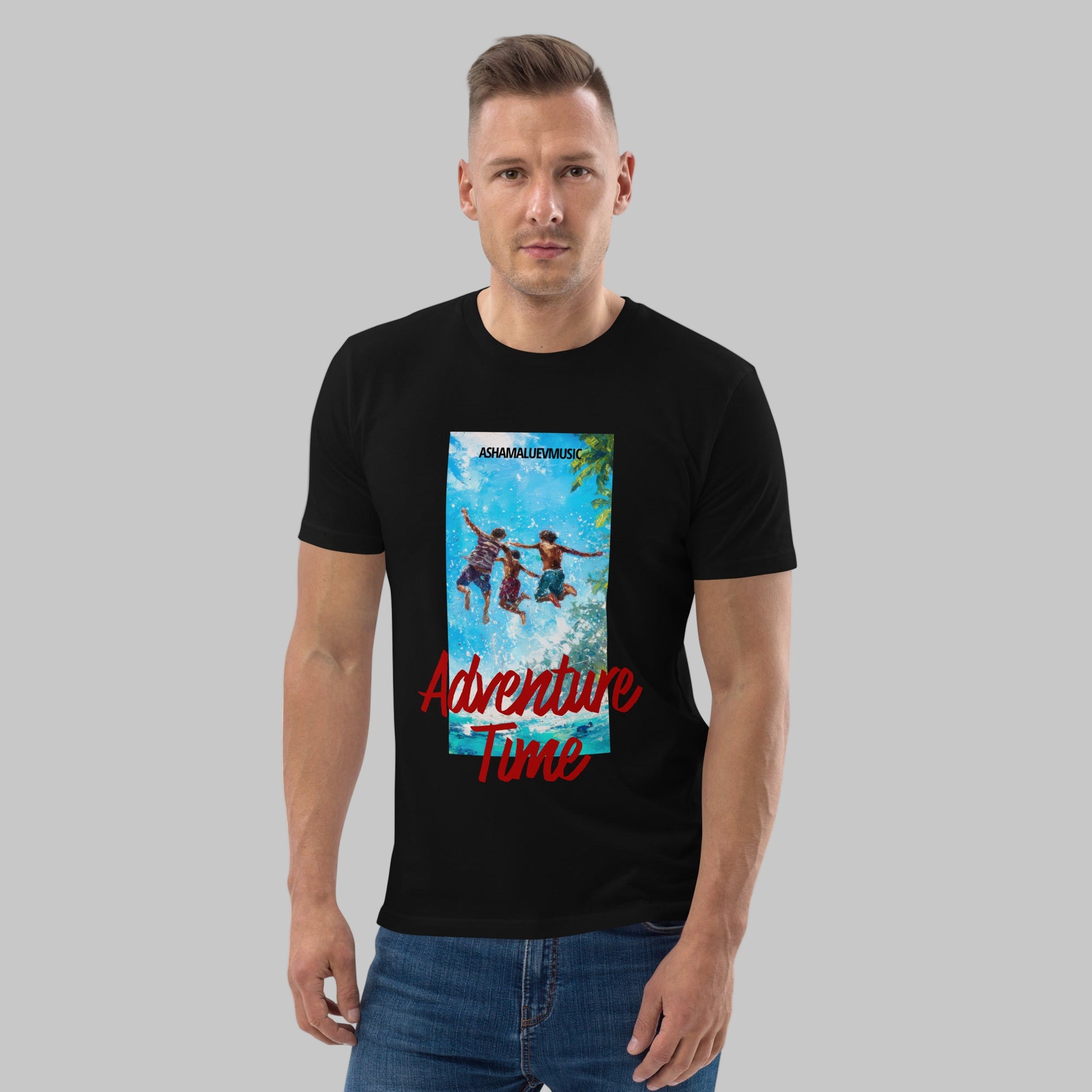 Man wearing a black t-shirt with 'Adventure Time' graphic design and AShamaluevMusic logo on a grey background.