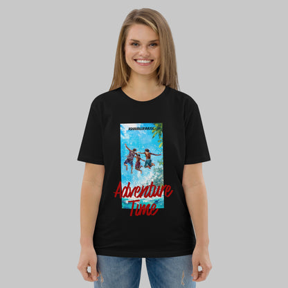 Woman wearing a black t-shirt with 'Adventure Time' graphic design and AShamaluevMusic logo on a grey background.