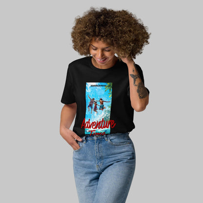 Woman wearing a black t-shirt with 'Adventure Time' graphic design and AShamaluevMusic logo on a grey background.