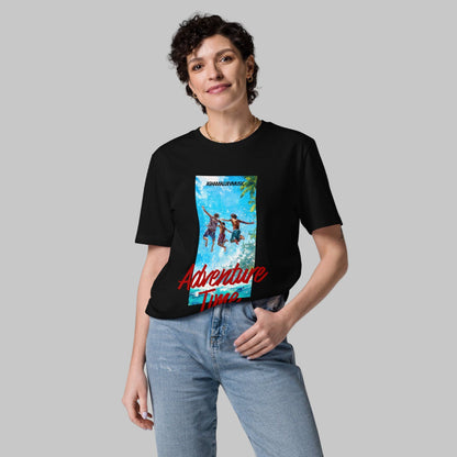 Woman wearing a black t-shirt with 'Adventure Time' graphic design and AShamaluevMusic logo on a grey background.