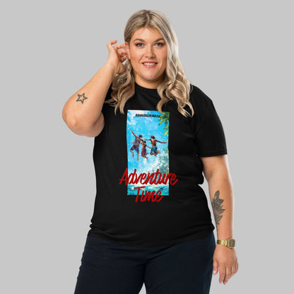 Woman wearing a black t-shirt with 'Adventure Time' graphic design and AShamaluevMusic logo on a grey background.