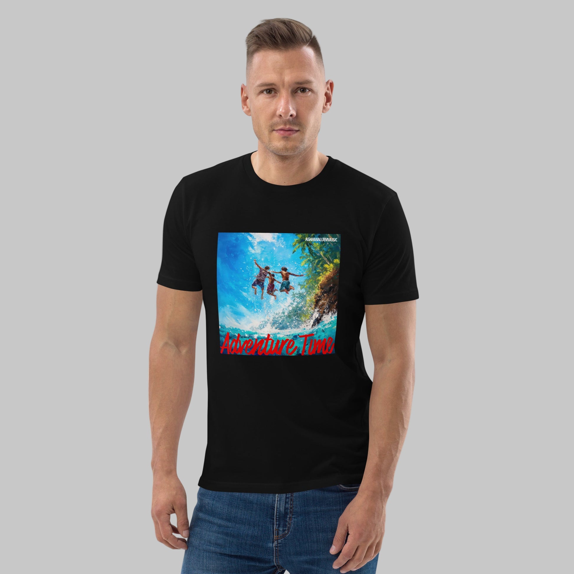 Man wearing a black t-shirt with a 'Adventure Time' graphic design and AShamaluevMusic logo on a grey background.