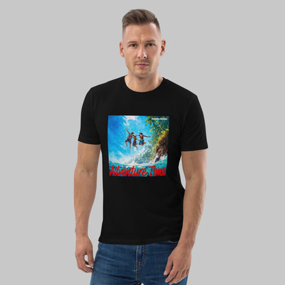 Man wearing a black t-shirt with a 'Adventure Time' graphic design and AShamaluevMusic logo on a grey background.