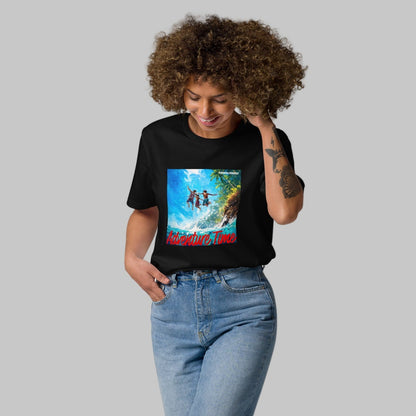 Woman wearing a black t-shirt with a 'Adventure Time' graphic design and AShamaluevMusic logo on a grey background.