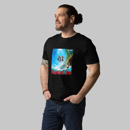 Man wearing a black t-shirt with a 'Adventure Time' graphic design and AShamaluevMusic logo on a grey background.