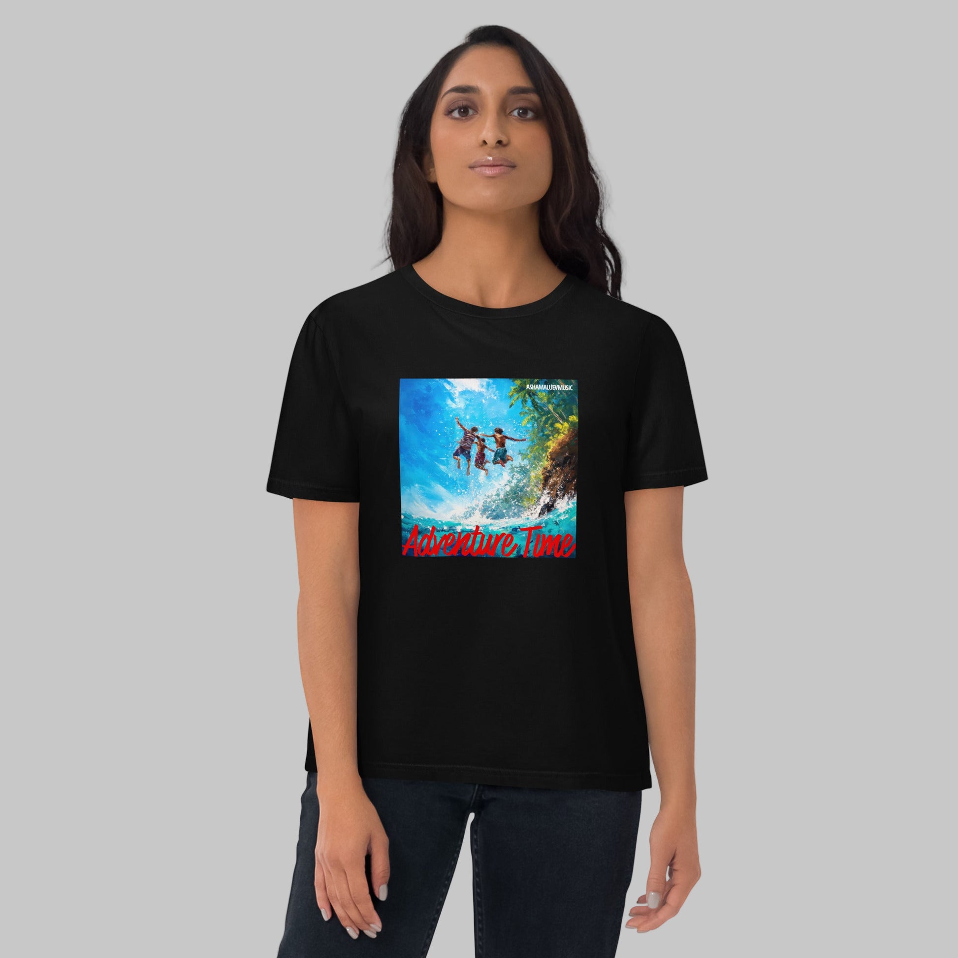 Woman wearing a black t-shirt with a 'Adventure Time' graphic design and AShamaluevMusic logo on a grey background.