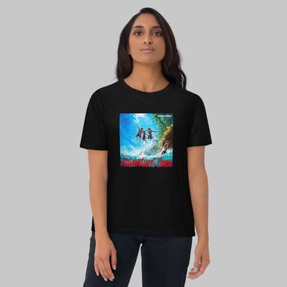 Woman wearing a black t-shirt with a 'Adventure Time' graphic design and AShamaluevMusic logo on a grey background.