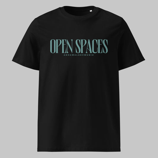 Unisex black organic t-shirt with 'OPEN SPACES' and 'AShamaluevMusic' text on a gray background.