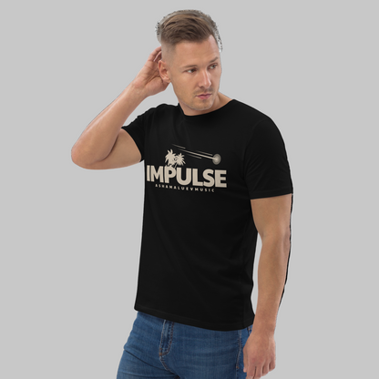 Man wearing a black t-shirt with text 'IMPULSE' and AShamaluevMusic logo on a grey background