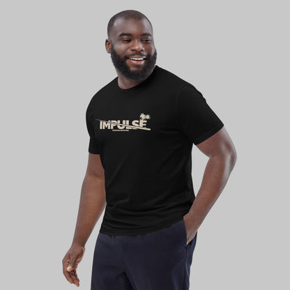 Man wearing a black t-shirt with text 'IMPULSE' and AShamaluevMusic logo on a grey background