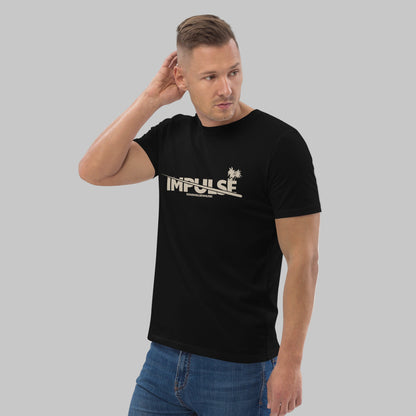 Man wearing a black t-shirt with text 'IMPULSE' and AShamaluevMusic logo on a grey background