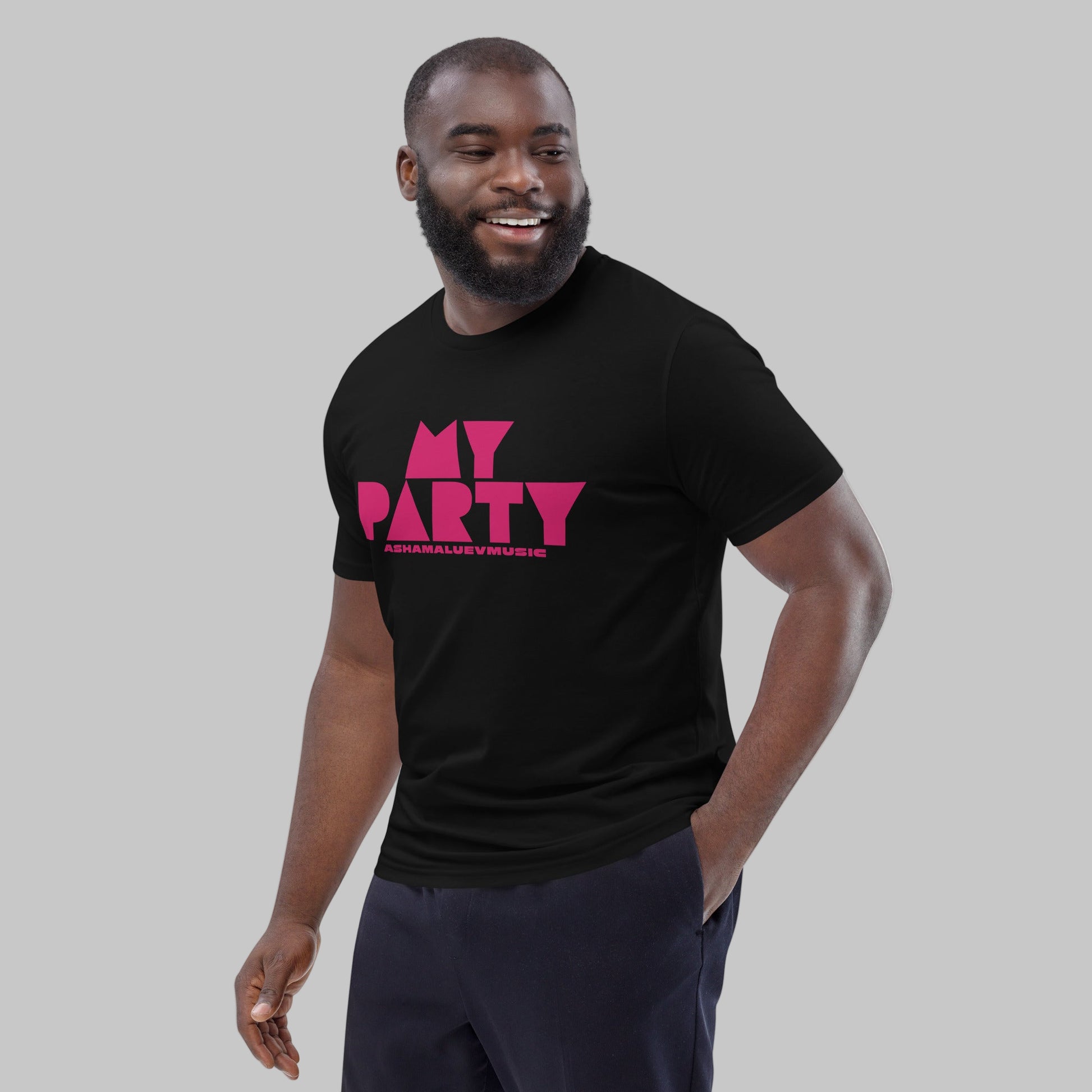 Man wearing a black organic cotton t-shirt with 'My Party' print and AShamaluevMusic logo on a grey background