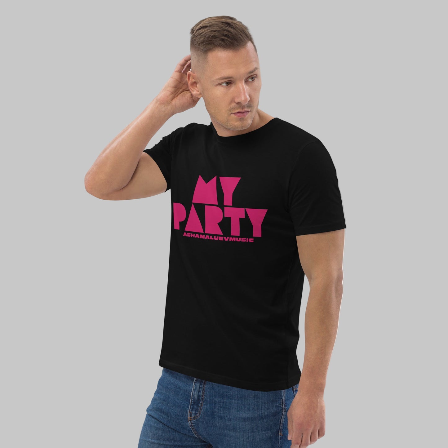 Man wearing a black organic cotton t-shirt with 'My Party' print and AShamaluevMusic logo on a grey background