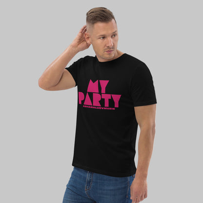 Man wearing a black organic cotton t-shirt with 'My Party' print and AShamaluevMusic logo on a grey background