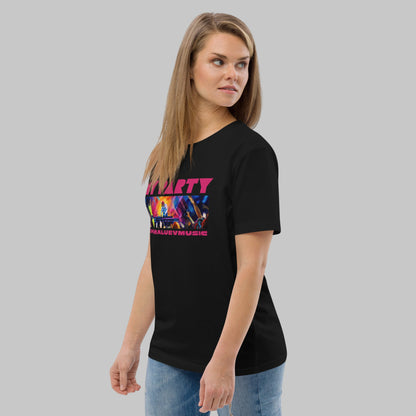 Woman wearing a black organic cotton t-shirt with 'My Party' print and AShamaluevMusic logo on a grey background