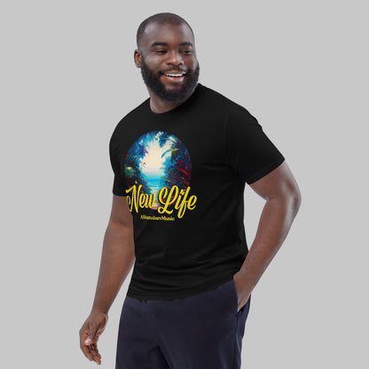 Man wearing a black organic cotton t-shirt with 'New Life' print and AShamaluevMusic logo on a light grey background