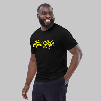 Man wearing a black organic cotton t-shirt with 'New Life' print and AShamaluevMusic logo in yellow text on a grey background