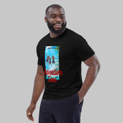 Man wearing a black t-shirt with 'Adventure Time' graphic design and AShamaluevMusic logo on a grey background.