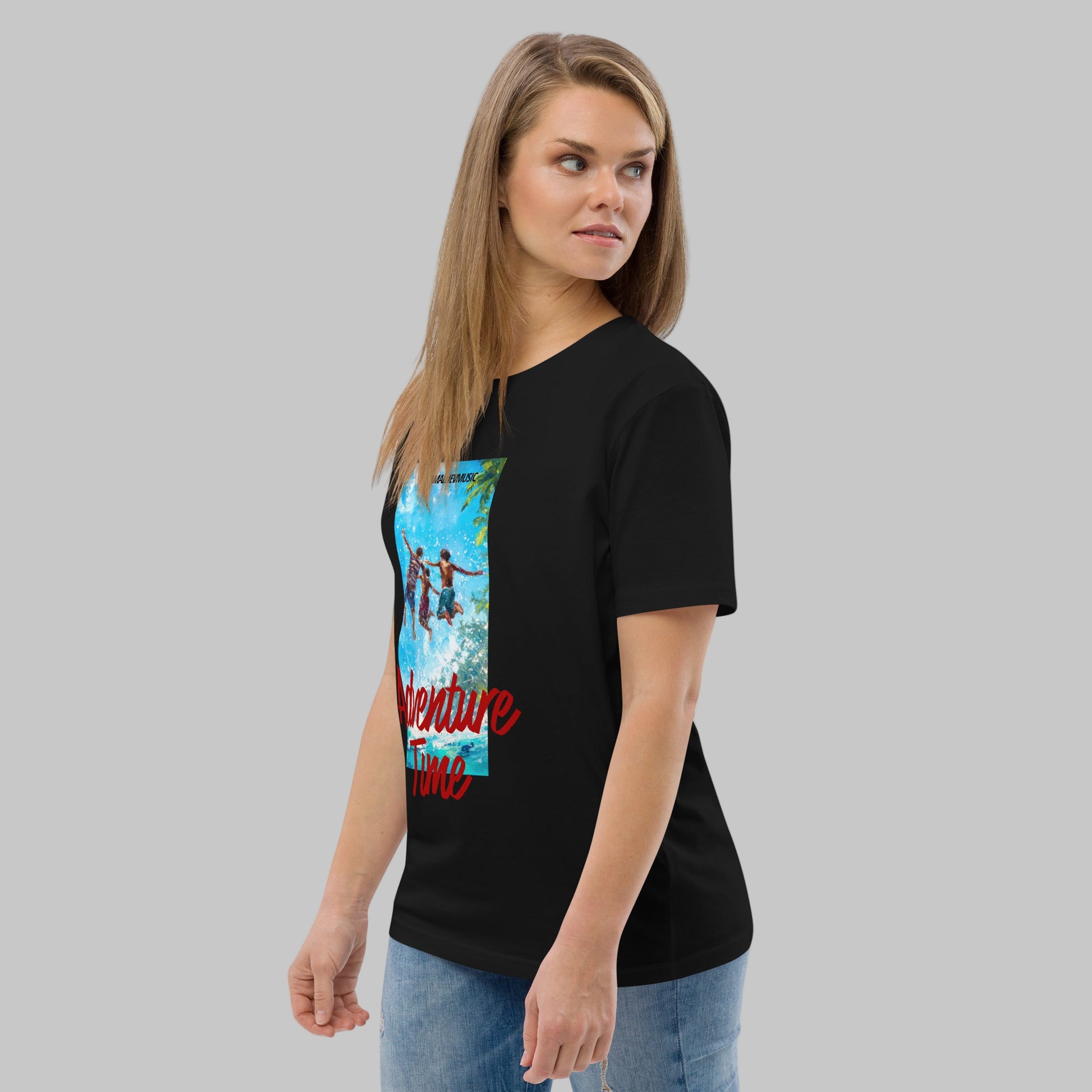 Woman wearing a black t-shirt with 'Adventure Time' graphic design and AShamaluevMusic logo on a grey background.
