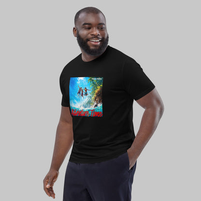 Man wearing a black t-shirt with a 'Adventure Time' graphic design and AShamaluevMusic logo on a grey background.